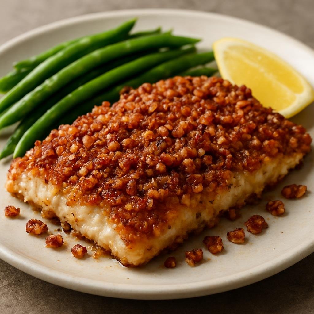 Entree: United States – Gulf Coast – Pecan-Crusted Grouper (Grouper fillets coated in a crunchy pecan crust and pan-roasted until golden) recipe