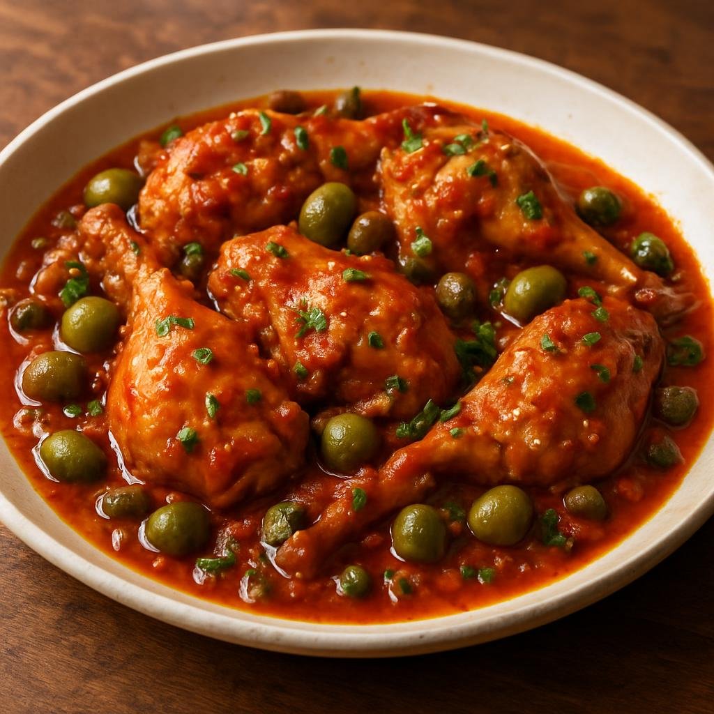 Entree: Italy – Sicily – Coniglio alla Stimpirata (Sicilian braised rabbit in a tangy tomato, olive and caper sauce) recipe
