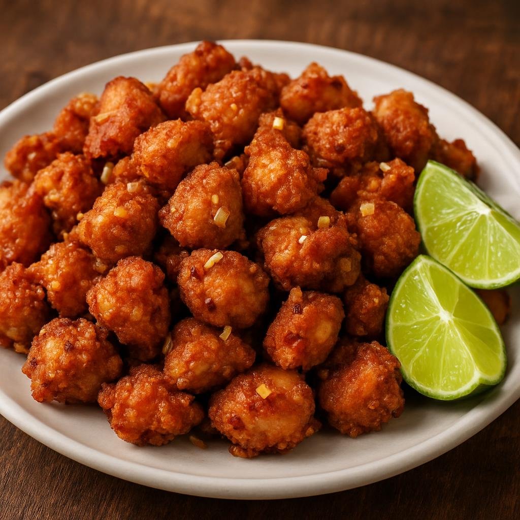 Entree: Brazil – Sao Paulo – Frango à Passarinho (Crispy, garlic-seasoned bite-sized fried chicken pieces served with lime) recipe