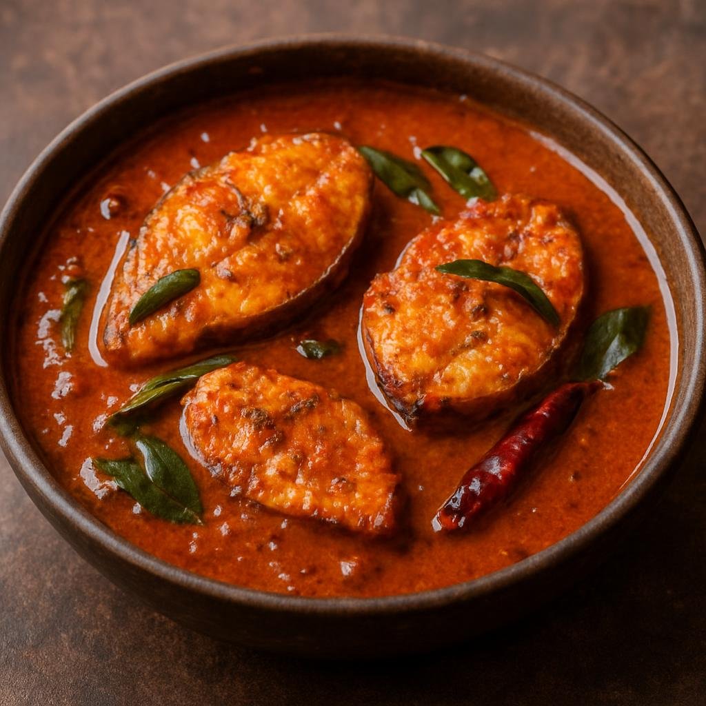 Entree: India – Karnataka Coast – ಮಂಗಳೂರು ಮೀನು ಹುಳಿ ➤ Mangaluru mīnu huli (Spicy coastal fish curry cooked in a roasted coconut and tamarind gravy) recipe