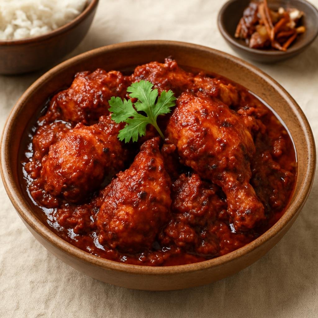 Entree: India – Karnataka Coast – ಚಿಕನ್ ಗೀ ರೋಸ್ಟ್ ➤ Chikan Ghee Roast (Spicy coastal Karnataka chicken cooked in clarified butter with a roasted tamarind-spice masala) recipe
