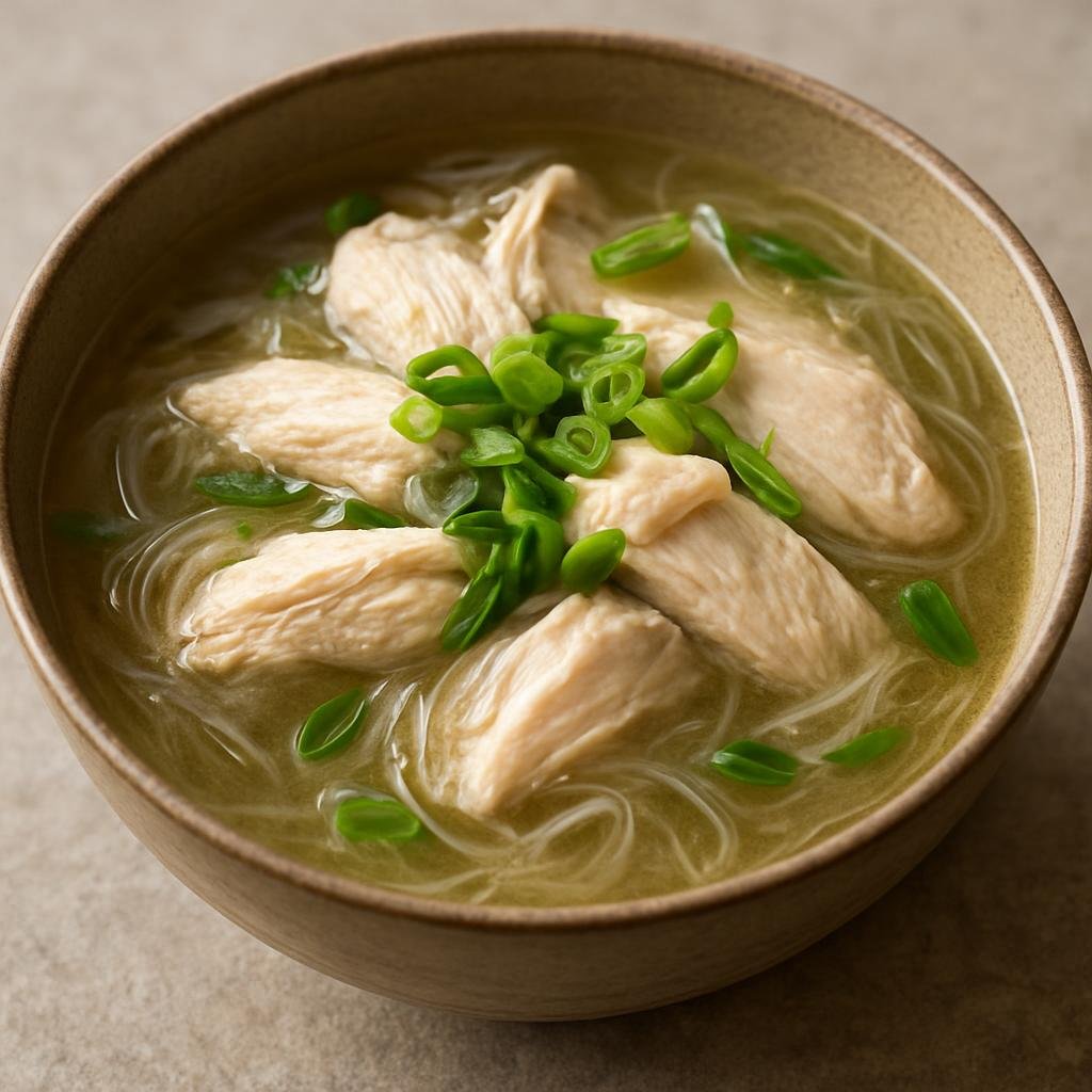 Entree: United States – Hawaii – Chicken Long Rice (Poached chicken and mung-bean glass noodles served in a clear ginger and scallion broth) recipe