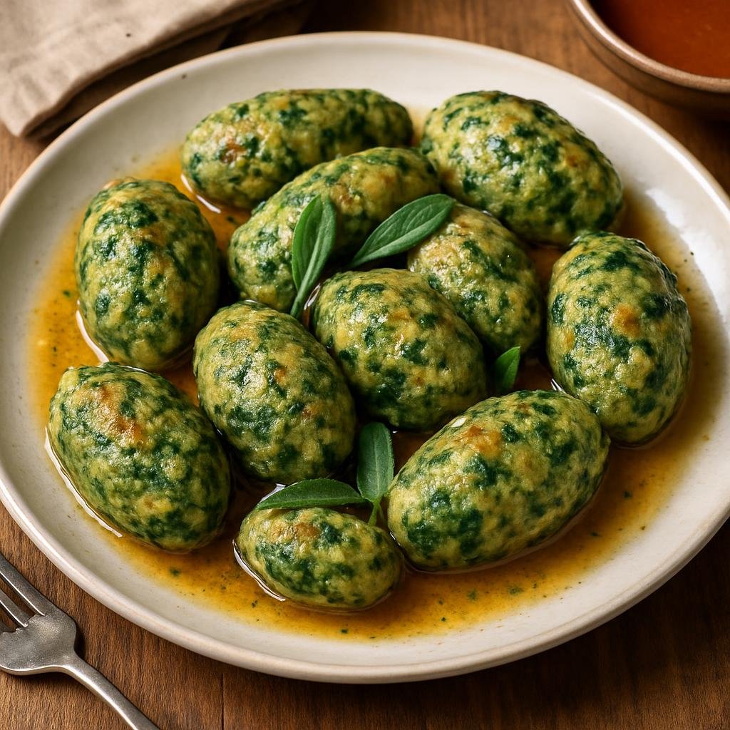 Entree: Italy – Trentino-Alto Adige – Strangolapreti (Spinach and stale-bread dumplings typical of Trentino, served with browned butter and sage or a light tomato sauce) recipe