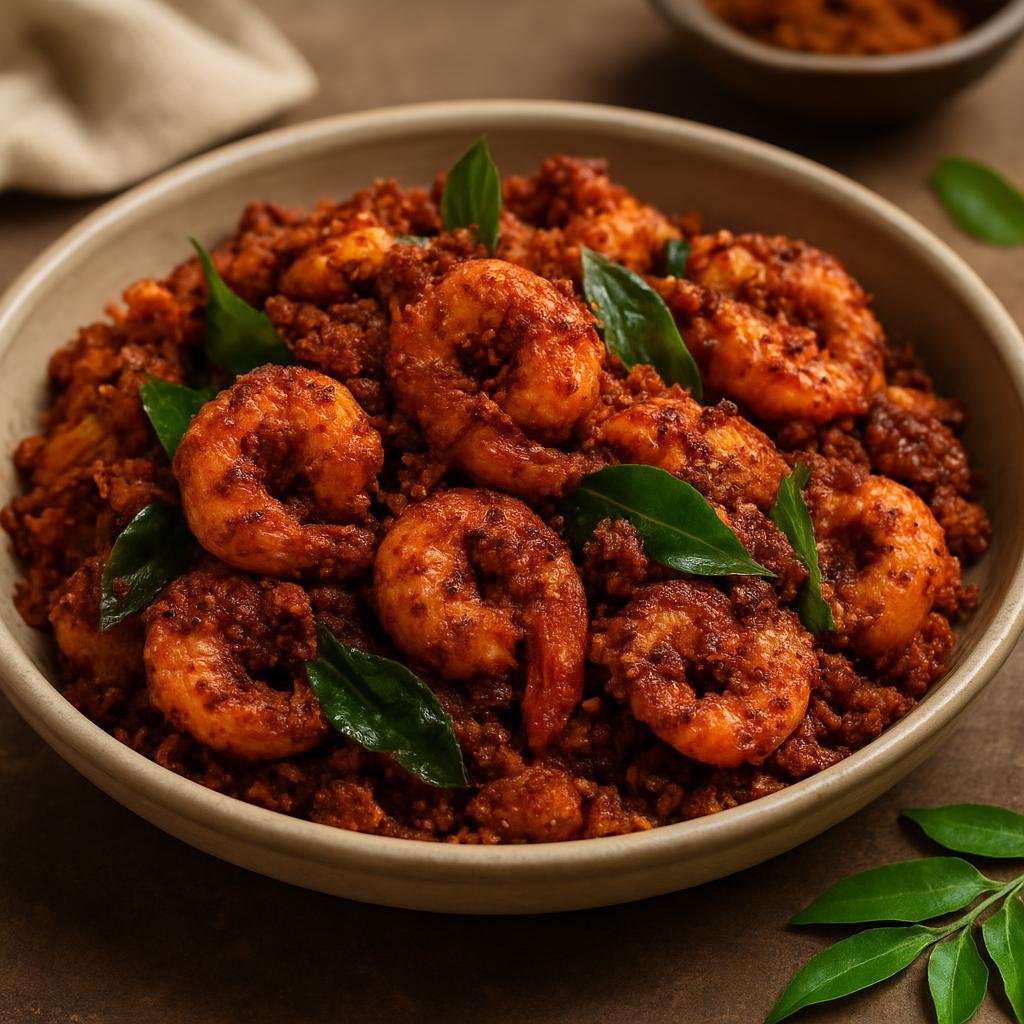 Entree: India – Karnataka Coast – ಪ್ರಾನ್ ಸುಕ್ಕಾ ➤ Prān Sukkā (Dry spiced coastal prawns cooked with toasted coconut and curry leaves) recipe