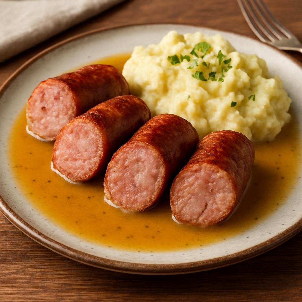 Entree: France – Normandy – Andouille de Vire (Coarse smoked pork sausage from Vire, Normandy, typically pan‑fried and served with a cider sauce) recipe