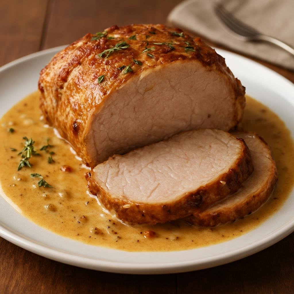 Entree: France – Normandy – Rôti de Porc au Lait (Pork roast braised slowly in milk to produce tender meat and a creamy, caramelized pan sauce) recipe