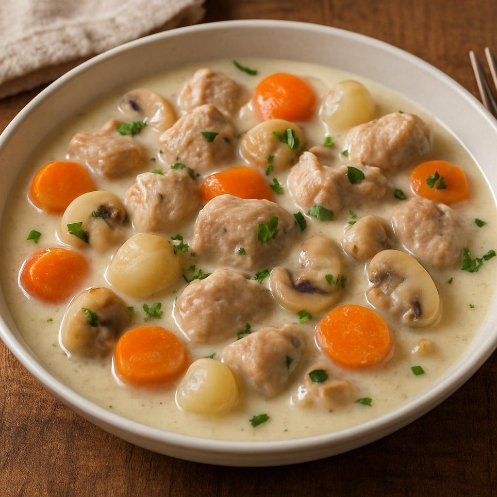Entree: France – Paris & Ile-de-France – Blanquette de Veau (Creamy French white veal stew simmered with vegetables, mushrooms, and a velouté liaison) recipe
