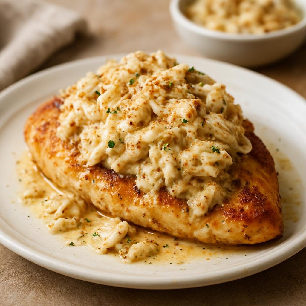 Entree: United States – Mid-Atlantic – Chicken Chesapeake (Seared or baked chicken breasts topped with a creamy Old Bay-seasoned crabmeat topping typical of the Chesapeake Bay) recipe