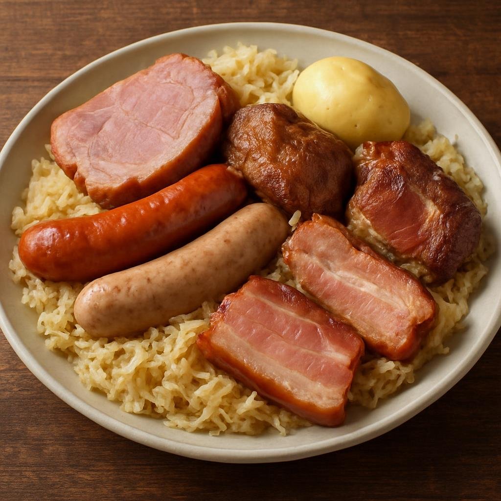 Entree: France – Paris & Ile-de-France – Choucroute Garnie (Braised sauerkraut cooked with an assortment of salted, smoked, and fresh pork meats and sausages) recipe