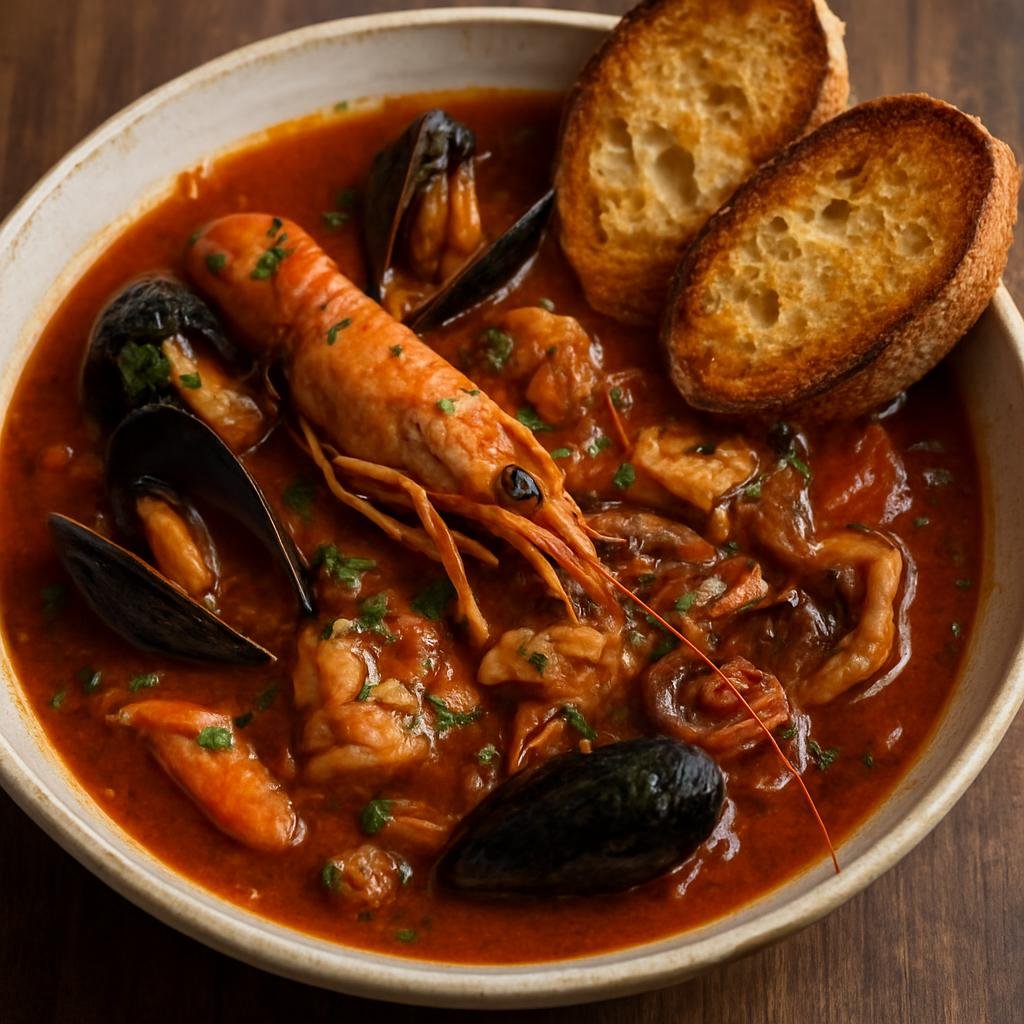 Entree: Italy – Tuscany – Cacciucco (Hearty Tuscan mixed seafood stew in a garlicky tomato and wine broth served with toasted bread) recipe