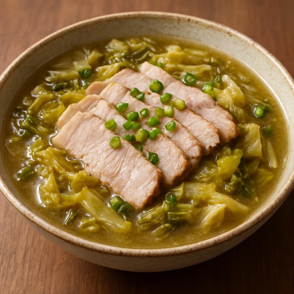 Entree: China – Northeast Dongbei – 酸菜白肉 ➤ Suāncài Bái Ròu (Thinly sliced pork poached or braised with Chinese preserved sour mustard greens in a savory broth) recipe