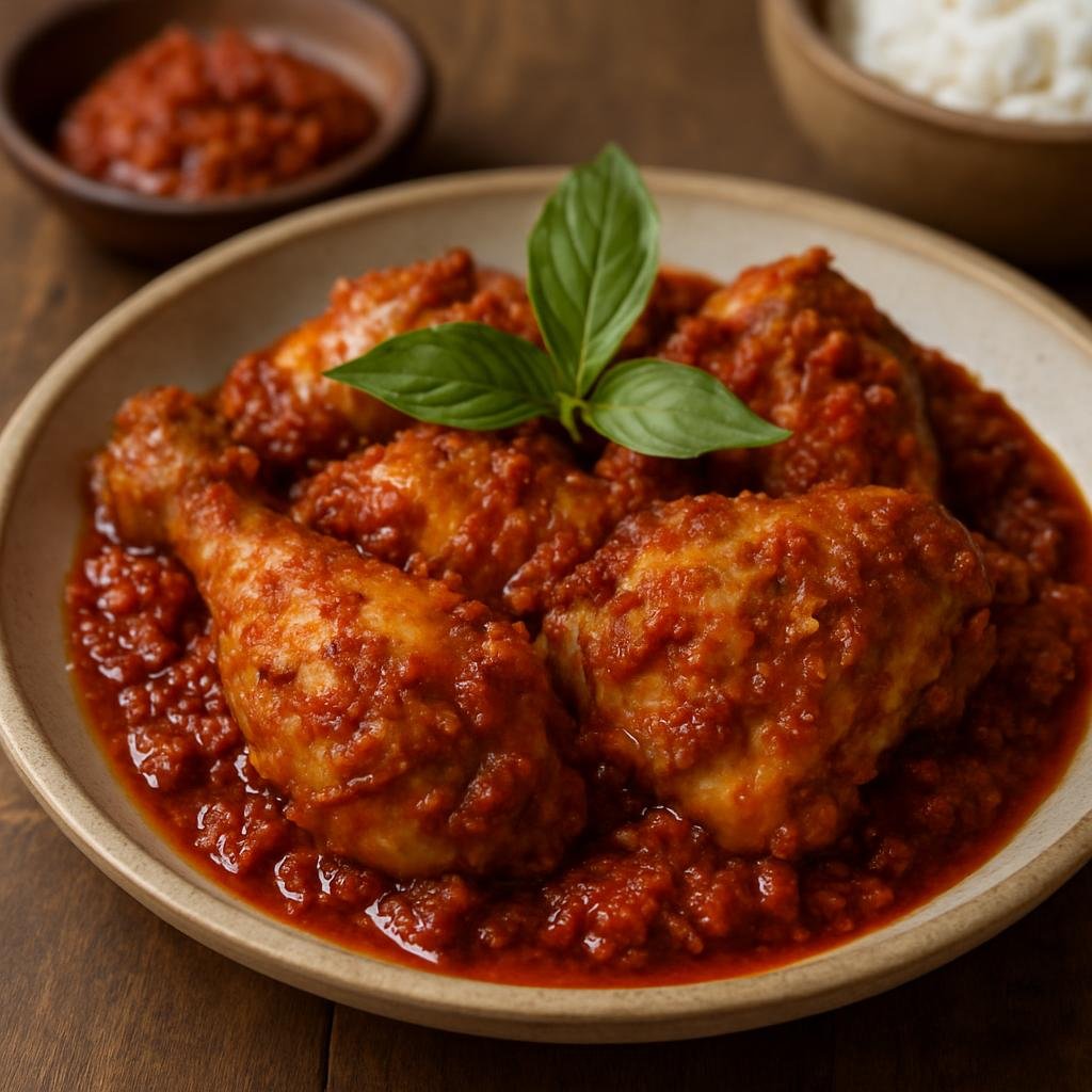 Entree: Indonesia – Sulawesi – Ayam Rica-Rica (Spicy Manadonese chicken stewed in a fresh chili, shallot and garlic paste) recipe