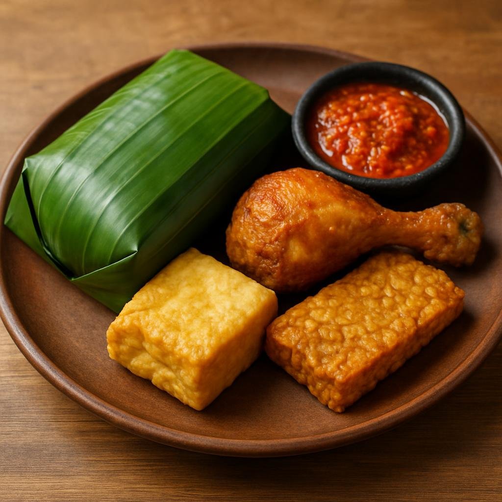 Entree: Indonesia – Sundanese West Java – Nasi Timbel (Banana-leaf‑wrapped steamed fragrant rice served with Sundanese fried chicken, tempeh, tofu and sambal) recipe