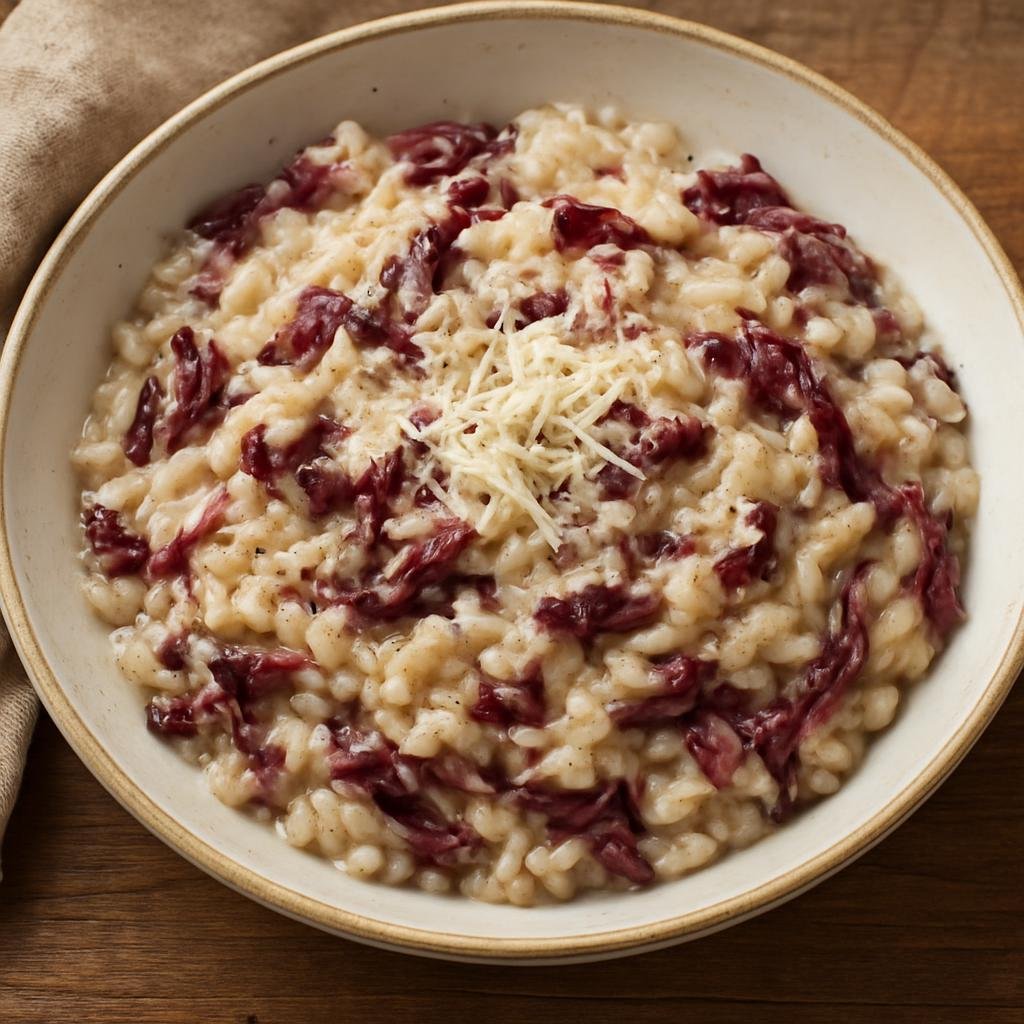 Entree: Italy – Veneto – Risotto al Radicchio (Creamy Italian rice risotto made with bitter red radicchio and Parmesan) recipe