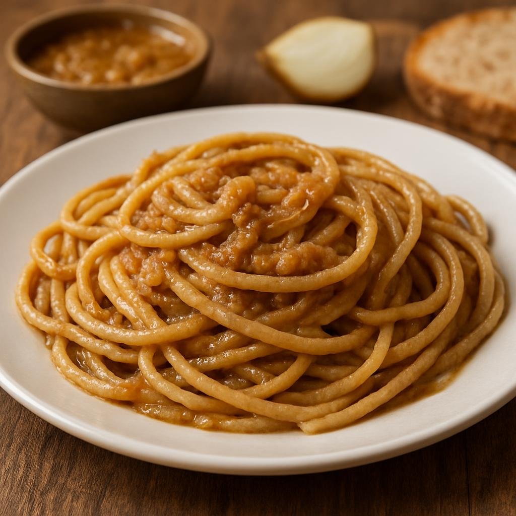 Entree: Italy – Veneto – Bigoli in Salsa (Thick whole‑wheat pasta in a savory anchovy‑onion sauce) recipe