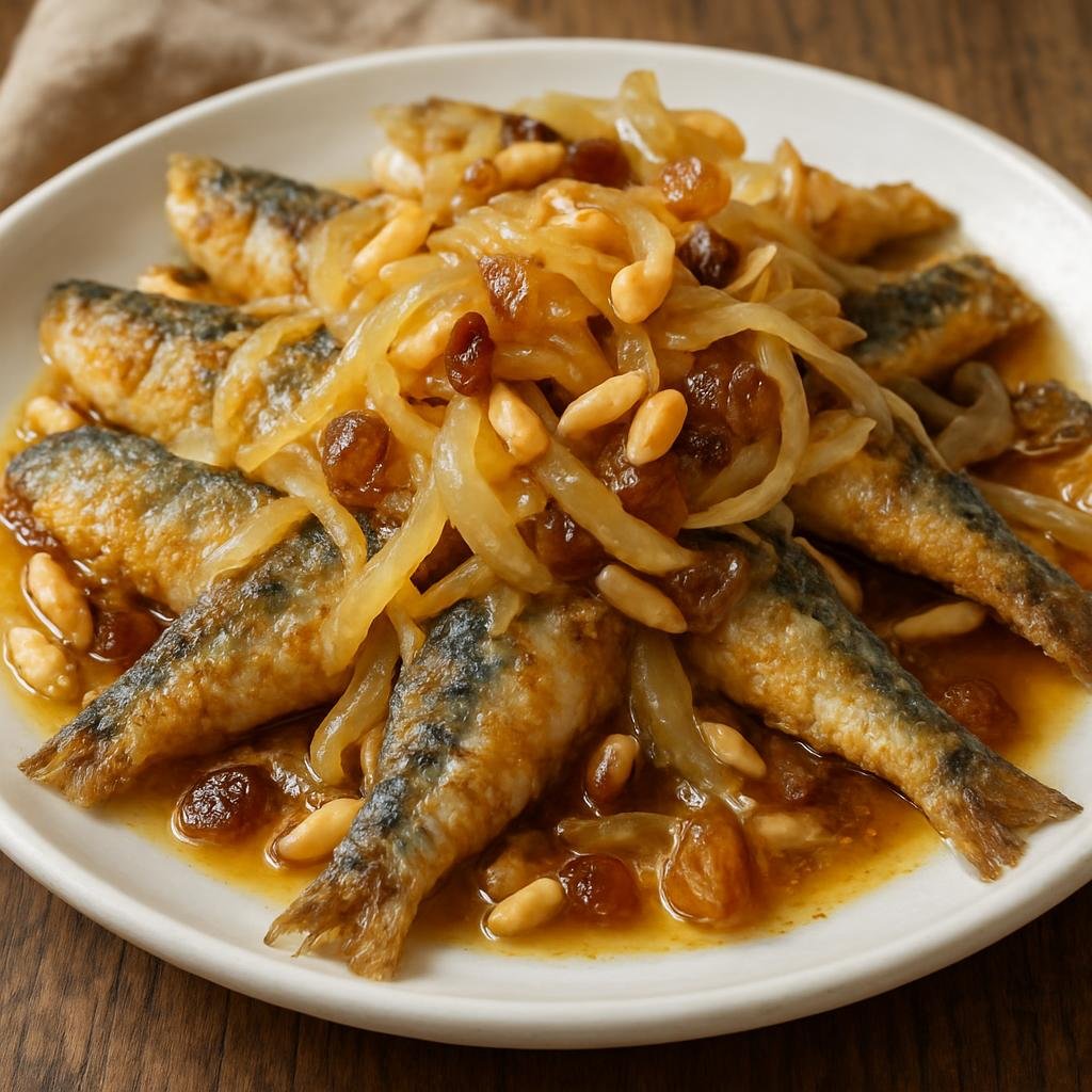 Entree: Italy – Veneto – Sarde in Saor (Venetian sweet-and-sour marinated fried sardines with onions, raisins, and pine nuts) recipe