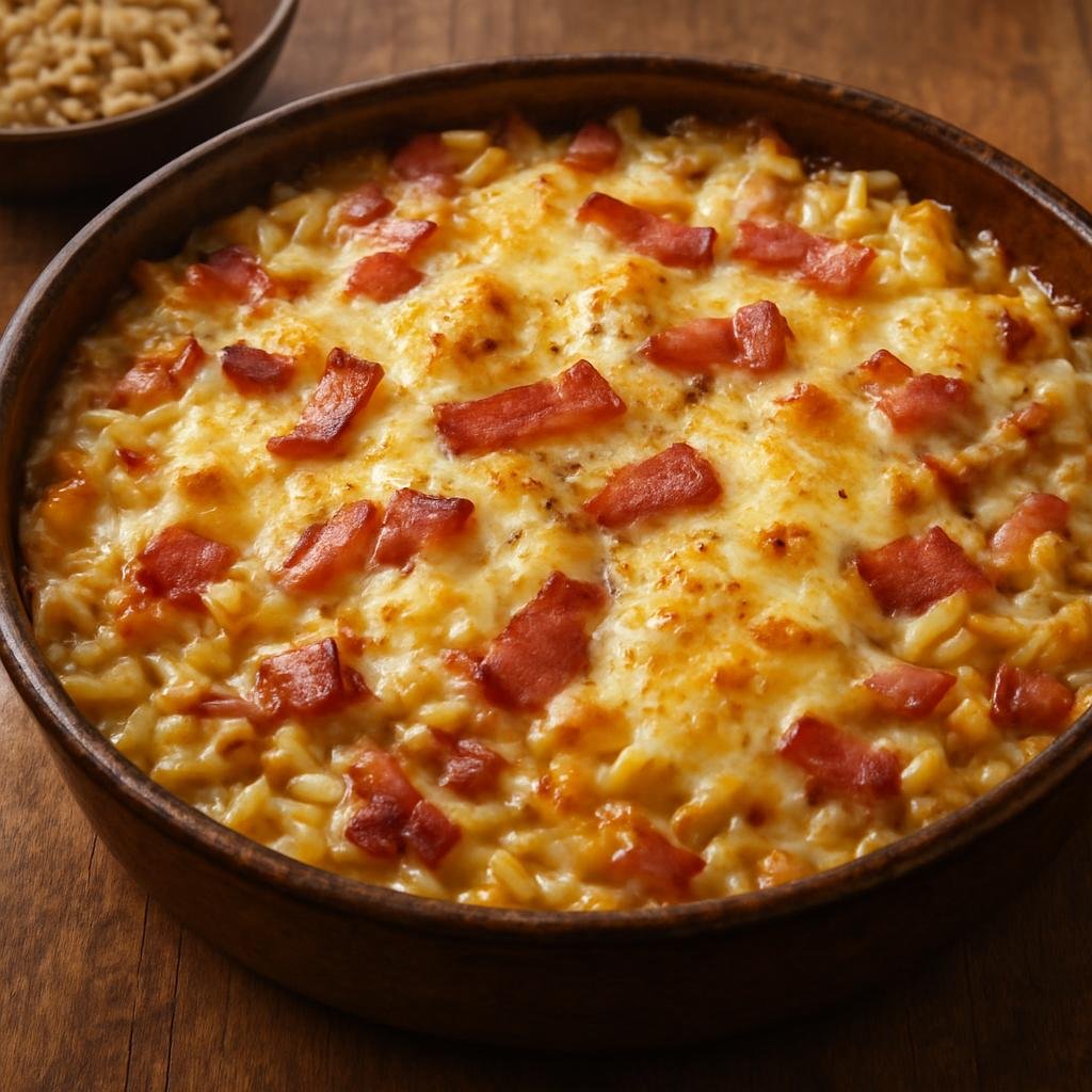 Entree: France – Savoy / Alps – Croziflette (Savoyard baked crozet pasta gratin with Reblochon cheese, cream, and bacon) recipe