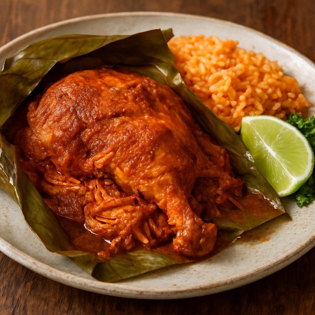 Entree: Mexico – Yucatan – Pollo Pibil (Yucatecan slow-roasted chicken marinated in achiote and citrus, traditionally wrapped in banana leaves) recipe