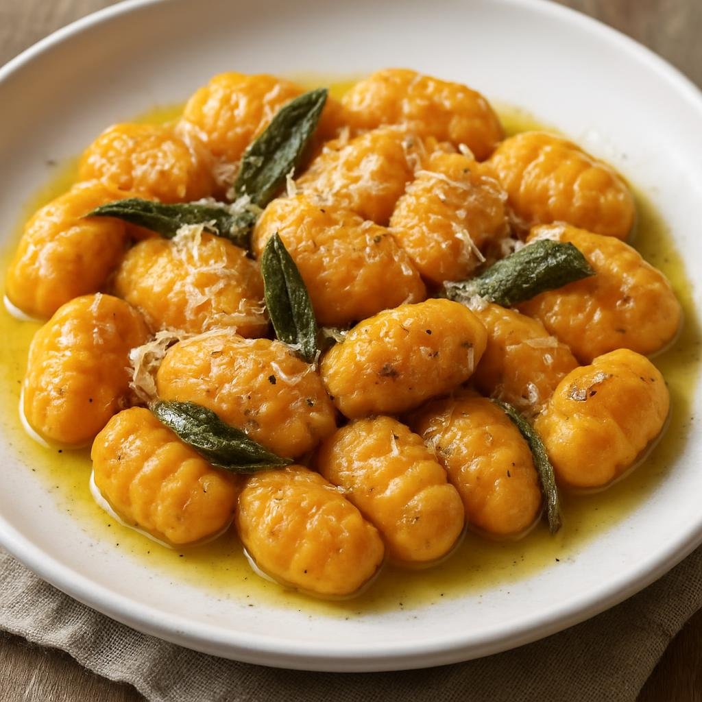Entree: Italy – Veneto – Gnocchi di Zucca (Pumpkin-based dumplings made from roasted squash, flour, and egg, served with butter, sage, and Parmigiano-Reggiano) recipe