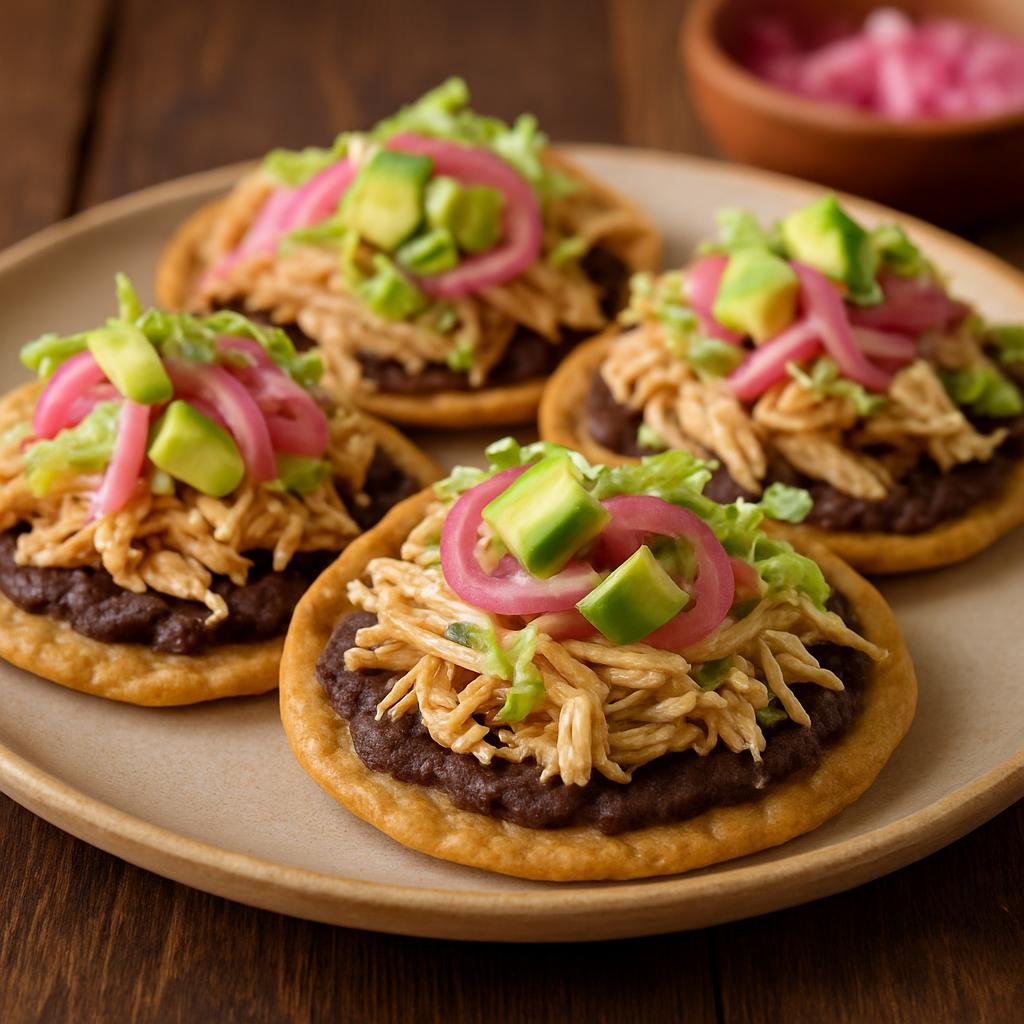 Entree: Mexico – Yucatan – Panuchos (Fried Yucatecan corn tortillas stuffed with refried black beans and topped with shredded poultry, pickled onion, avocado, and lettuce) recipe