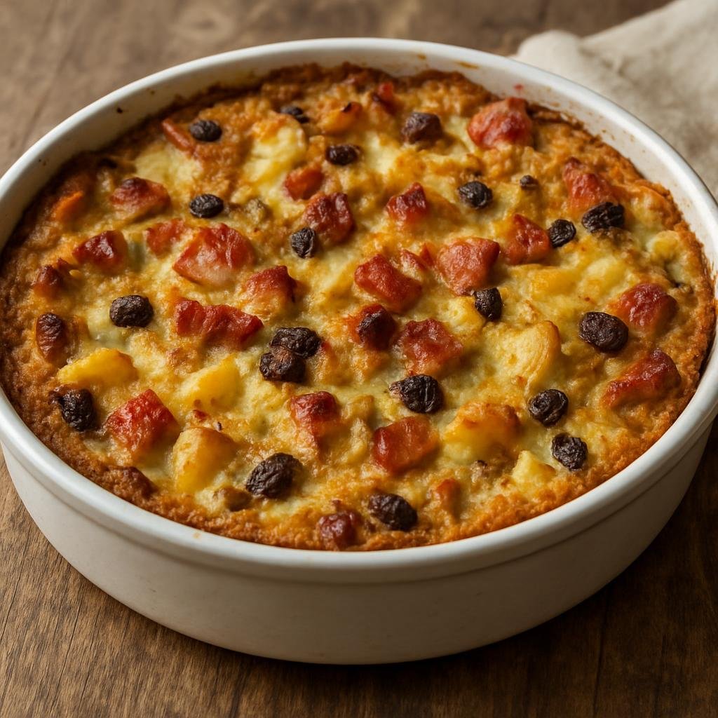 Entree: France – Savoy / Alps – Farcement (A Savoyard baked potato and apple pudding studded with bacon and raisins) recipe