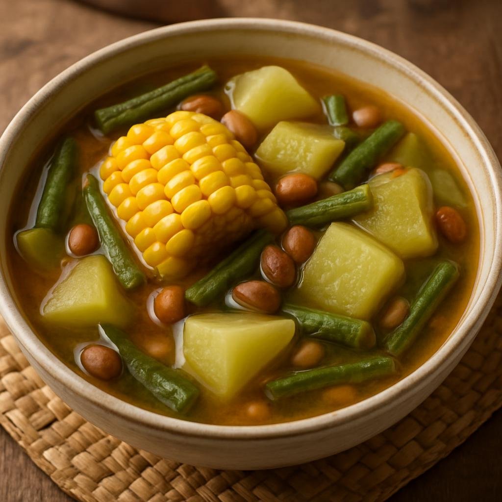 Entree: Indonesia – Sundanese West Java – Sayur Asem (Sundanese sour tamarind vegetable soup with corn, chayote, long beans, and peanuts) recipe