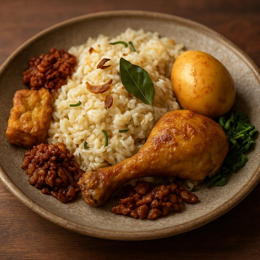 Entree: Indonesia – Sundanese West Java – Nasi Liwet (Coconut-scented savory rice cooked in rich broth with aromatics and served with chicken, egg, and condiments) recipe