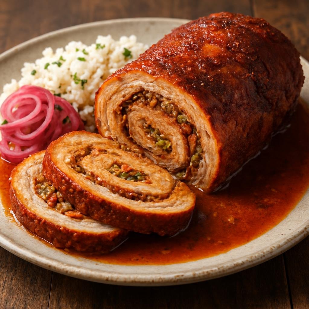 Entree: Mexico – Yucatan – Brazo de Reina (A Yucatecan achiote‑marinated pork roulade stuffed and slow‑roasted until tender) recipe