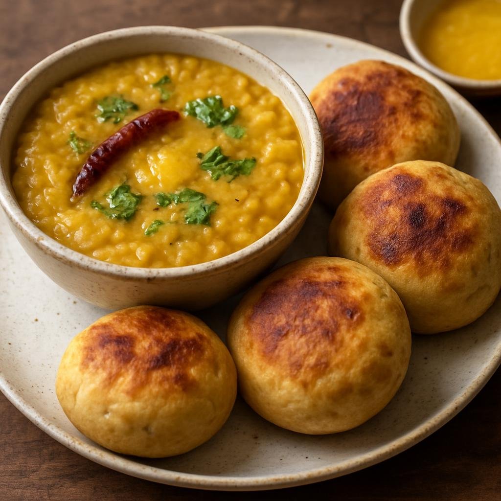 Entree: India – Madhya Pradesh – दाल बाफ़ला ➤ Dāl Bāflā (Wheat dough balls boiled and baked, served with a spiced mashed lentil stew and ghee) recipe