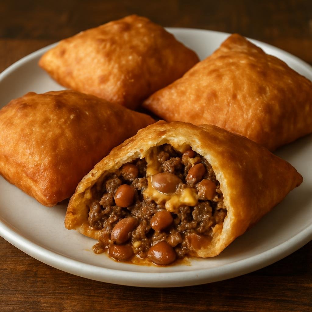 Entree: United States – New Mexico – Stuffed Sopapillas (Fried puffy pastry pockets stuffed with seasoned meat, beans, and cheese in New Mexican style) recipe