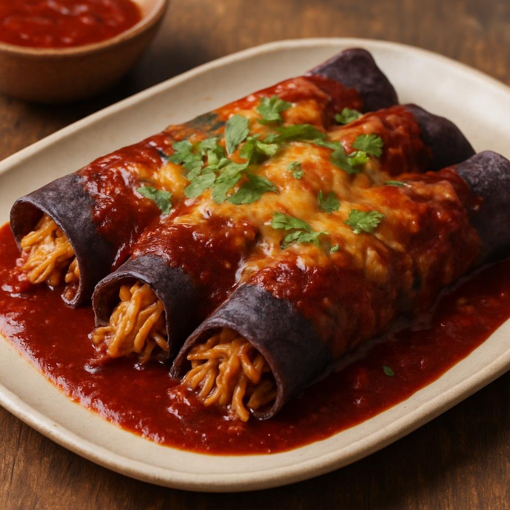 Entree: United States – New Mexico – Blue Corn Enchiladas (Rolled blue corn tortillas filled with seasoned shredded chicken and cheese baked in a New Mexico red chile sauce) recipe