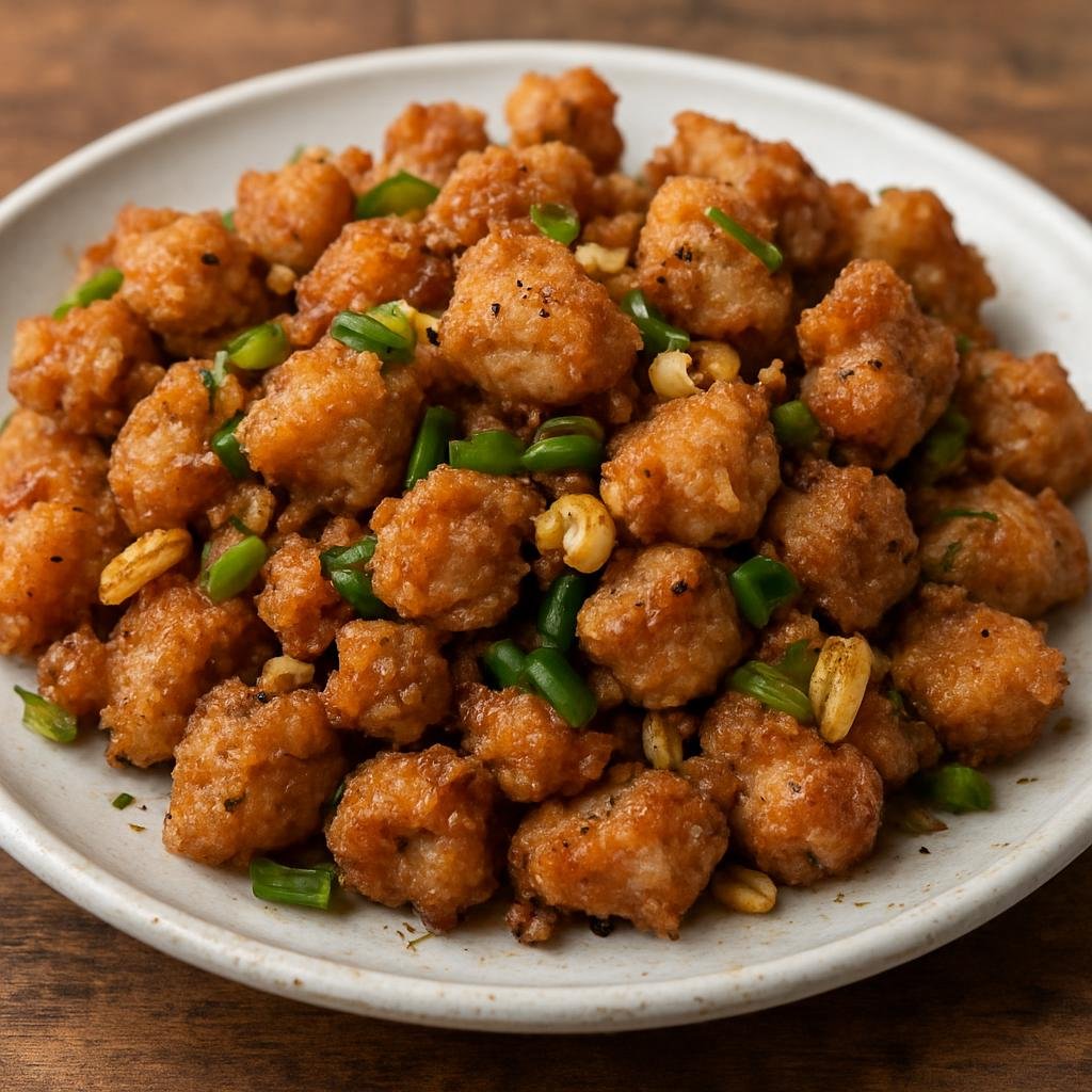 Entree: China – Shandong – 椒盐里脊 ➤ Jiao yan liji (Crispy bite-sized fried pork tossed with salt, pepper, and aromatic fried scallions and garlic) recipe