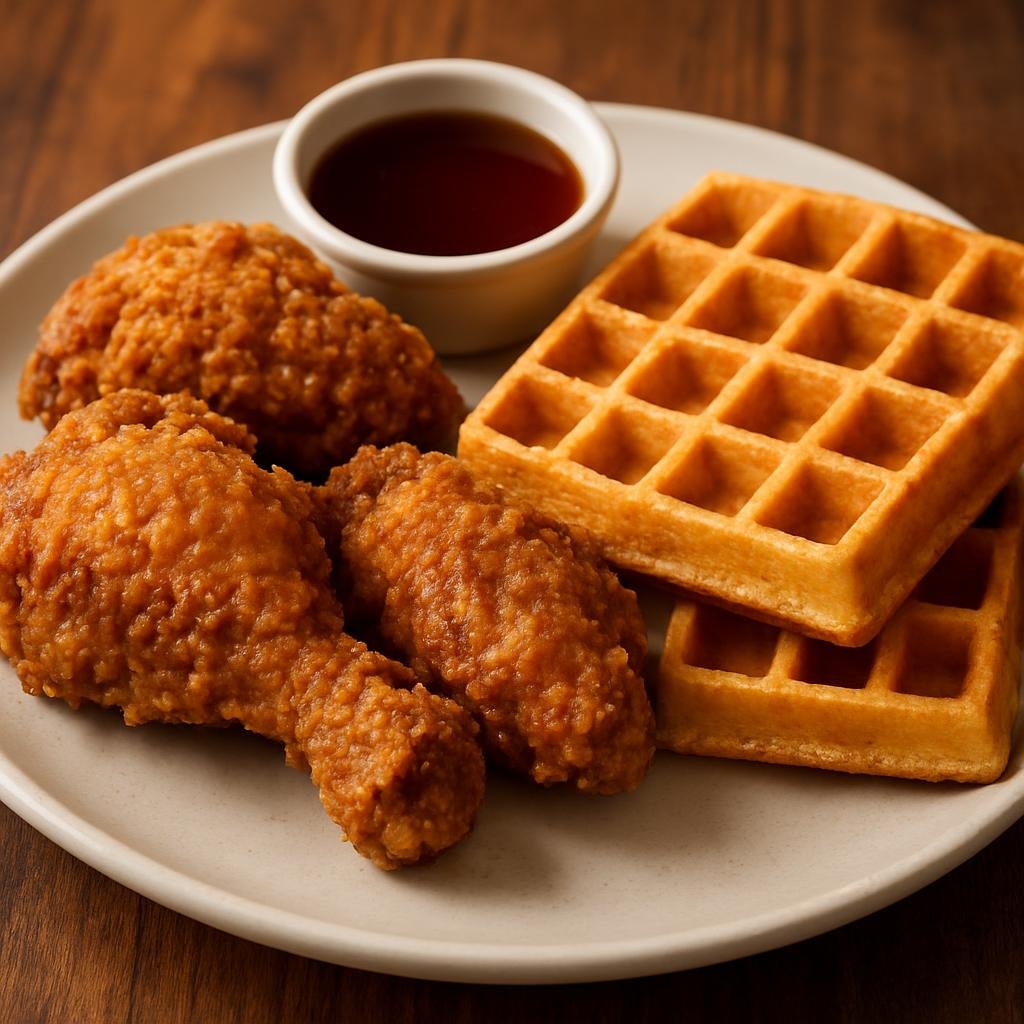 Entree: United States – New York City – Chicken and Waffles (Crispy fried chicken served alongside sweet breakfast-style waffles) recipe