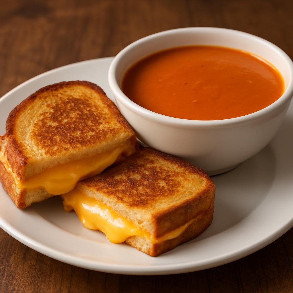 Entree: United States – New York City – Grilled Cheese and Tomato Soup (Classic toasted melted-cheese sandwich served with a smooth, creamy tomato soup) recipe