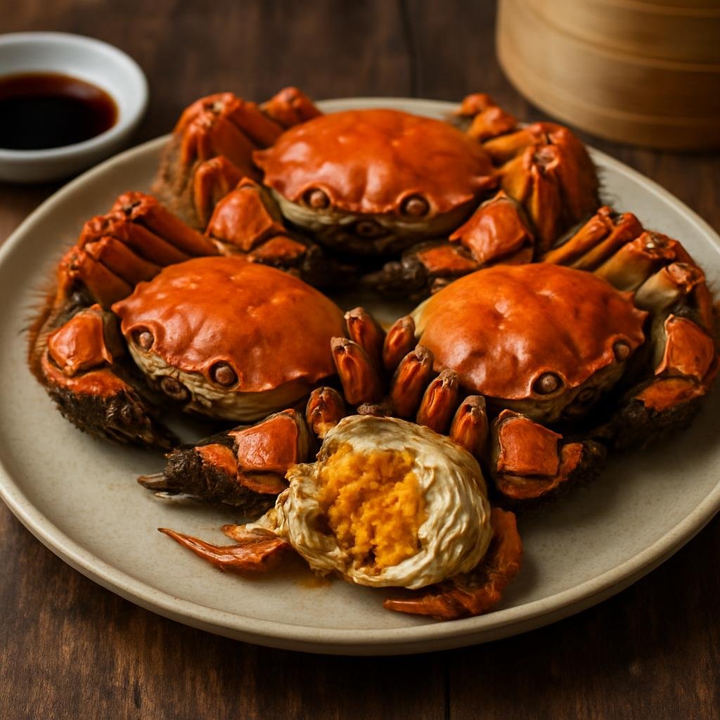 Entree: China – Shanghai / Hu Cuisine – 上海大闸蟹 ➤ Shànghǎi dàzháxiè (Seasonal steamed freshwater mitten crab prized for its rich roe and sweet meat) recipe