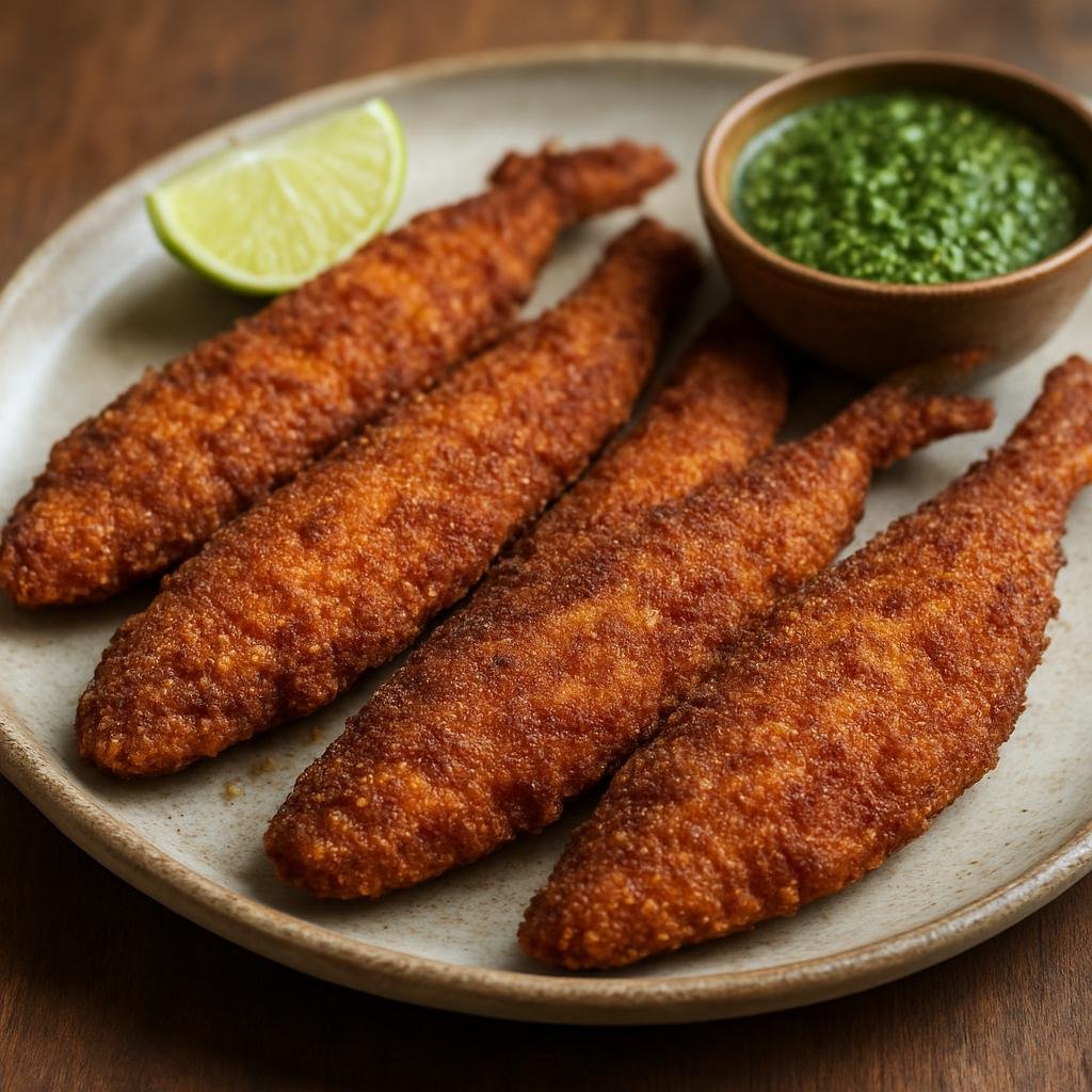 Entree: India – Maharashtra – बोंबील फ्राय ➤ Bombil Fry (Crispy pan-fried Bombay duck coated in semolina and spices) recipe