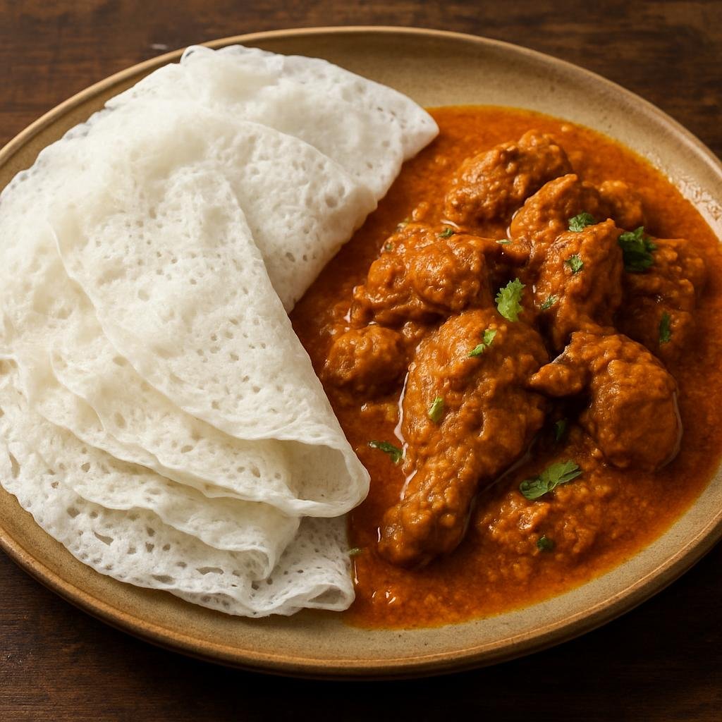 Entree: India – Mangalorean – ನೀರ್ ದೋಸೆ ಮತ್ತು ಚಿಕನ್ ಕರಿ ➤ Nīr Dōse mattu Chicken Kari (Thin rice crepes served with a spiced Mangalorean coconut chicken curry) recipe