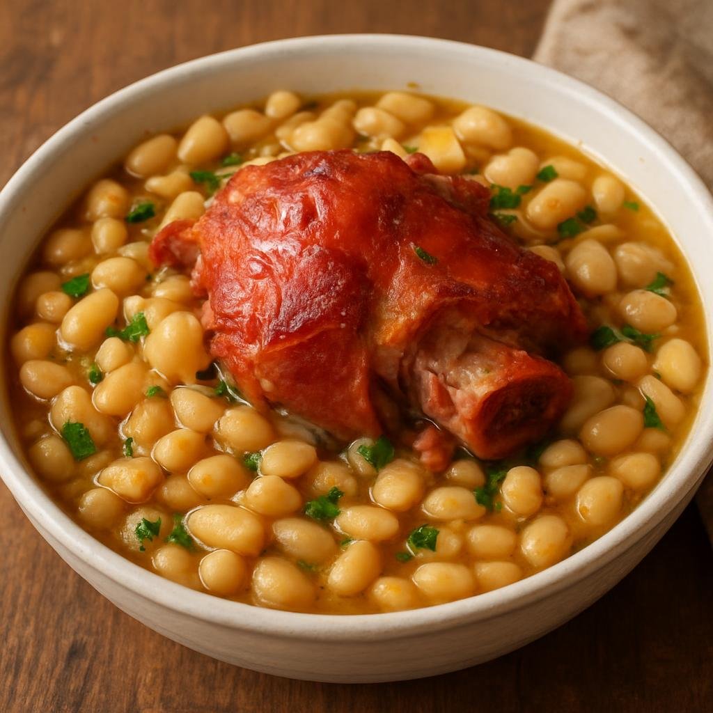 Entree: United States – Ozarks – Ham and Beans (Slow-simmered white beans cooked with a smoked ham hock and savory aromatics) recipe