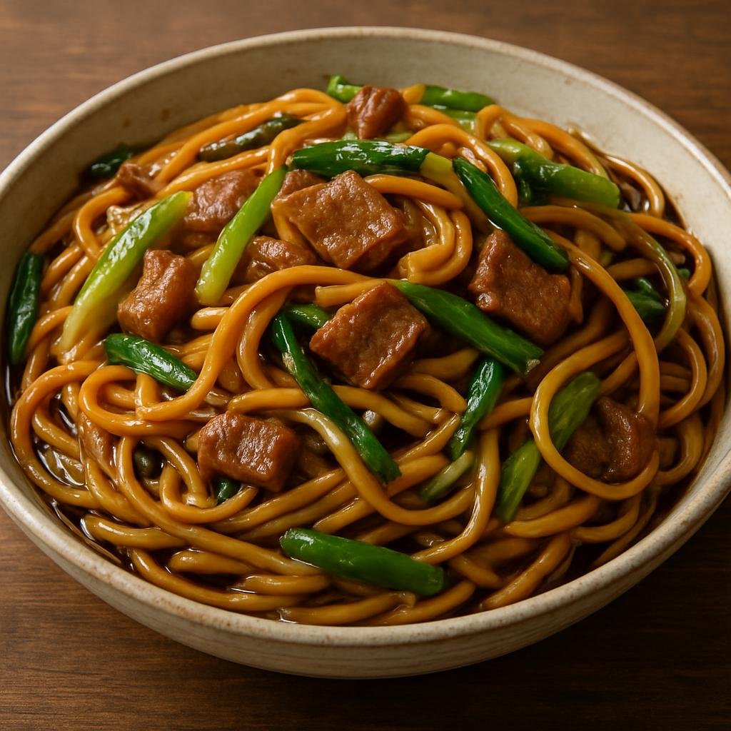 Entree: China – Shanxi – 山西炒面 ➤ Shānxī chǎomiàn (Stir-fried wheat noodles with savory pork and crisp vegetables, flavored with Shanxi-style soy and vinegar) recipe