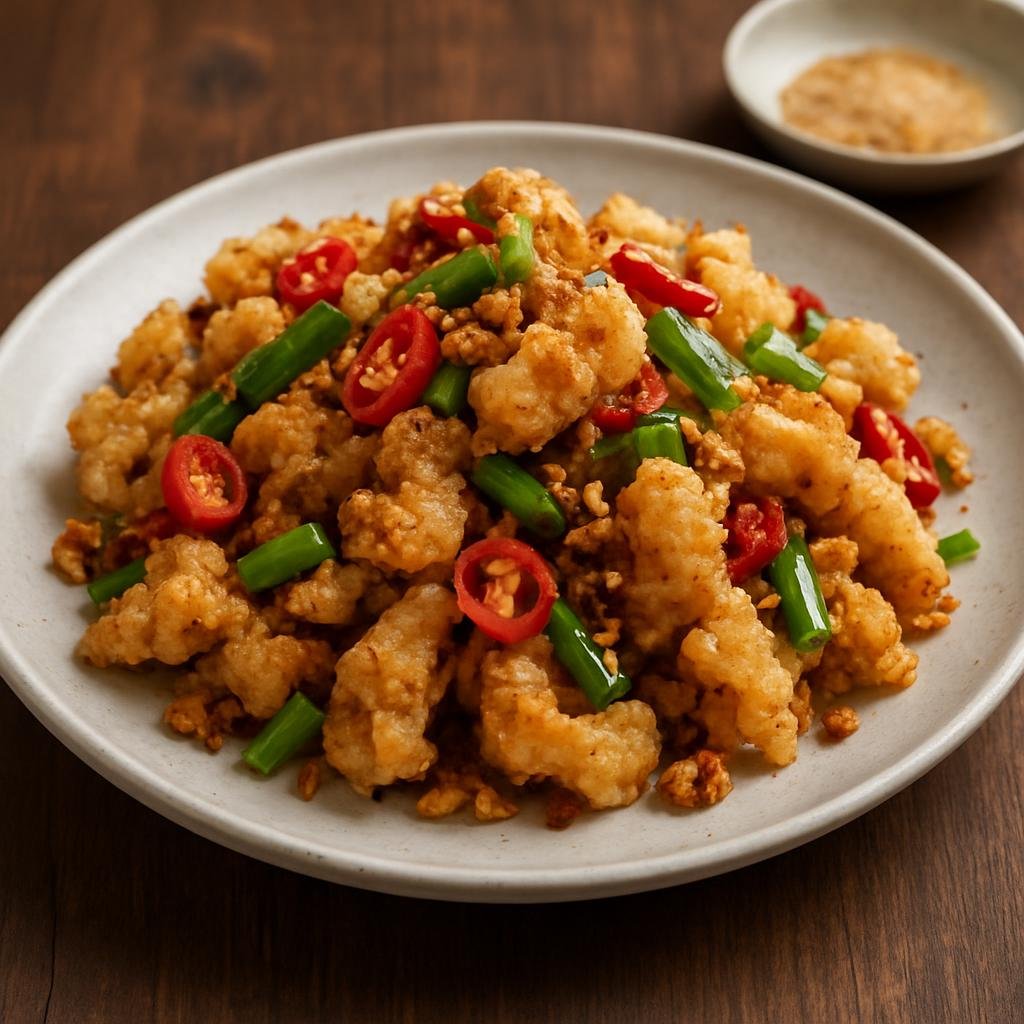 Entree: China – Taiwanese Chinese – 椒鹽中卷 ➤ Jiāo yán zhōng juǎn (Crispy deep-fried squid tossed with fried garlic, chilies, scallions, and salt-and-pepper seasoning) recipe