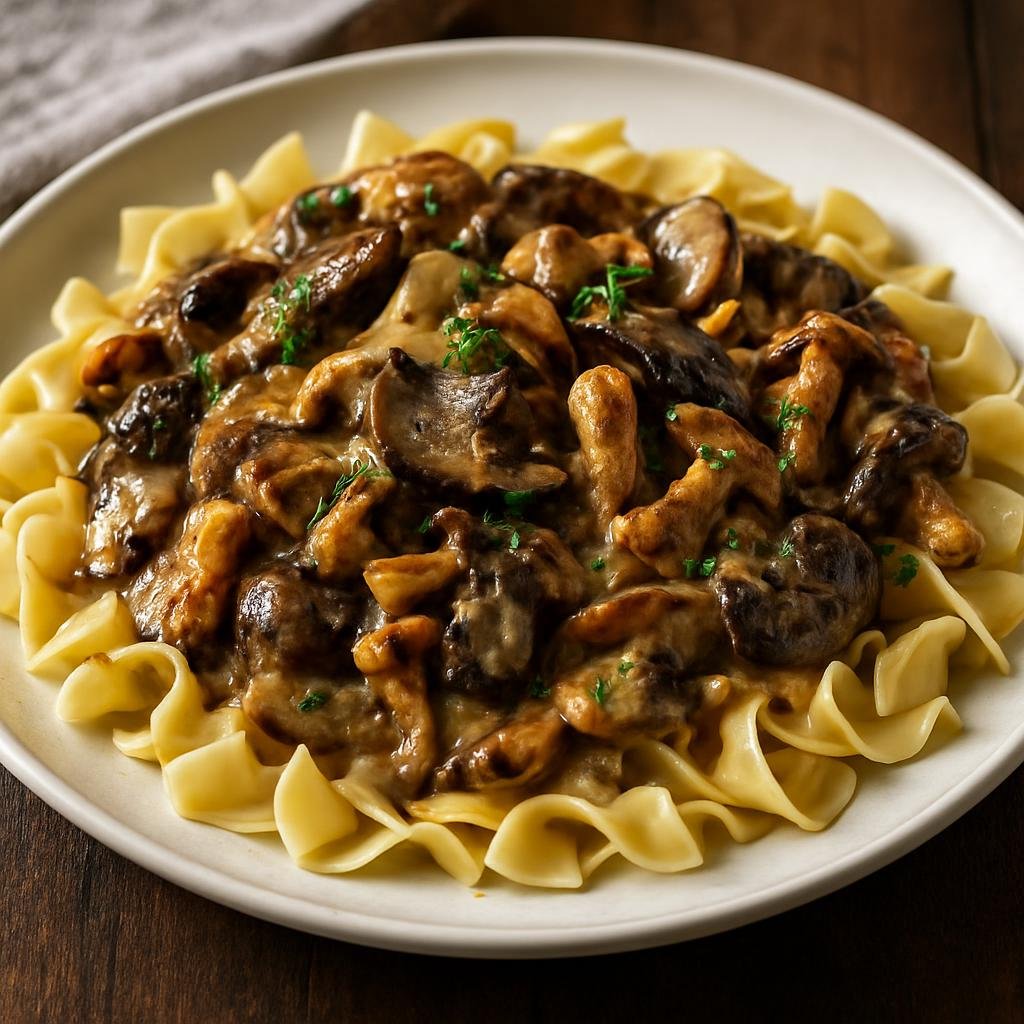 Entree: United States – Pacific Northwest – Foraged Mushroom Stroganoff (A creamy stroganoff-style entree starring mixed foraged Pacific Northwest mushrooms in a tangy, savory sauce served over noodles or rice) recipe