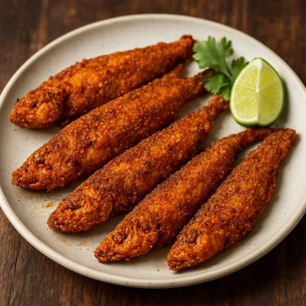 Entree: India – Mumbai & Konkan – बॉम्बिल फ्राय ➤ Bombil Fry (Crispy shallow-fried Bombay duck coated in semolina and spices typical of the Konkan coast) recipe