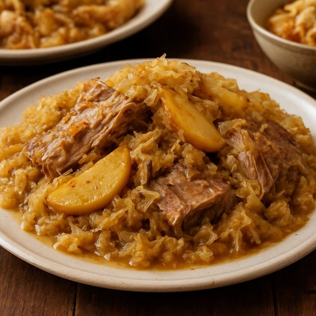 Entree: United States – Pennsylvania Dutch Country – Pork and Sauerkraut (Slow-braised pork cooked with tangy fermented cabbage and apples for a hearty Pennsylvania Dutch main) recipe