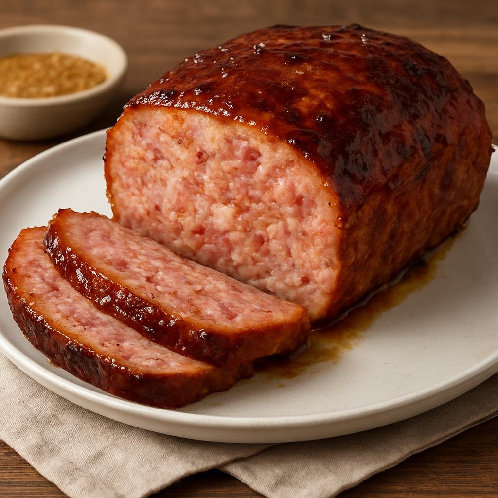 Entree: United States – Pennsylvania Dutch Country – Ham Loaf (Baked loaf made from ground pork and chopped ham glazed with a sweet and tangy brown-sugar mustard sauce) recipe