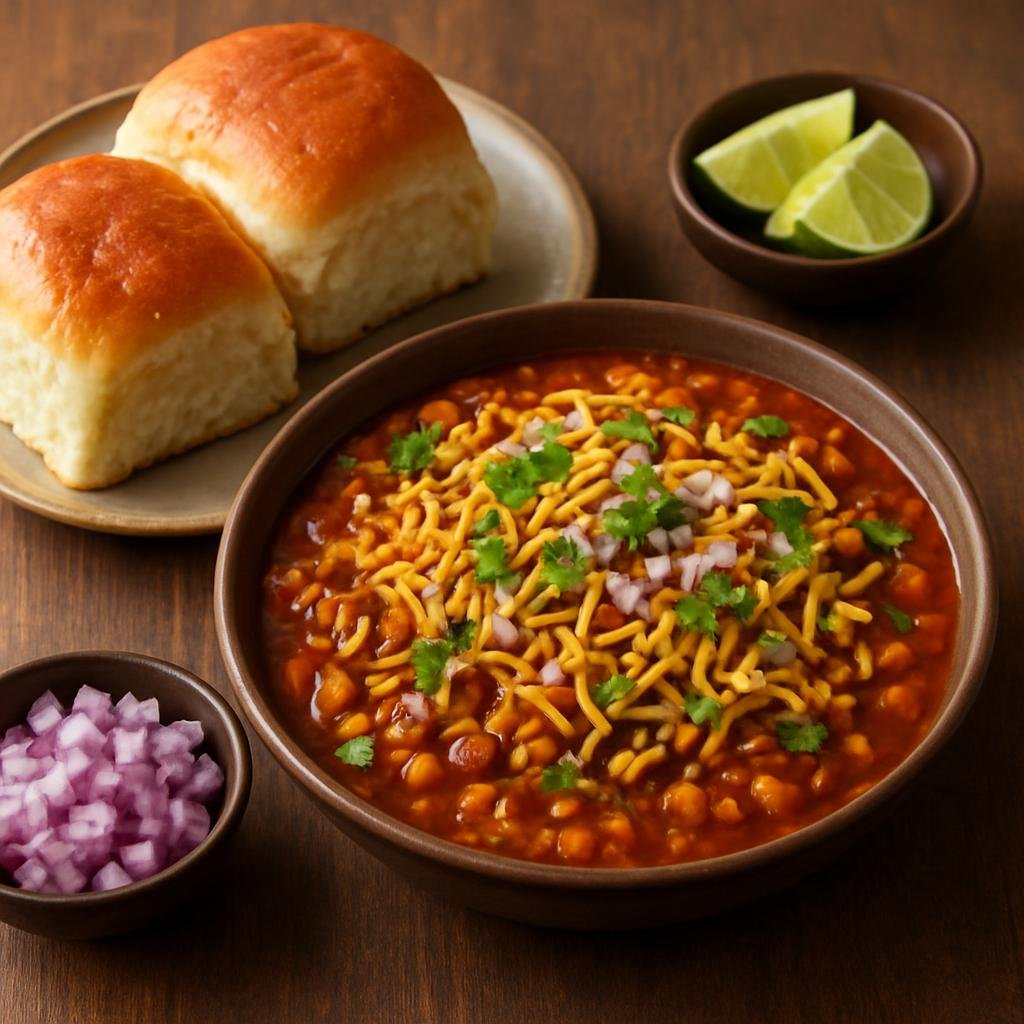 Entree: India – Mumbai & Konkan – मिसळ पाव ➤ Misal Pāv (Spicy sprouted legume curry topped with crunchy farsan served with buttered bread rolls) recipe