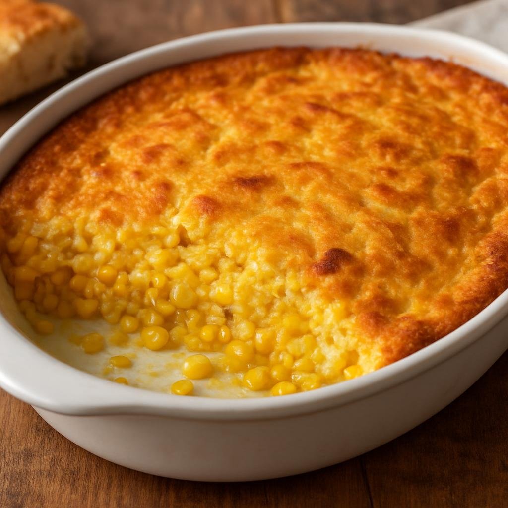 Entree: United States – Pennsylvania Dutch Country – Corn Pie (Baked savory corn custard casserole made with whole and creamed corn, eggs, milk, and butter) recipe