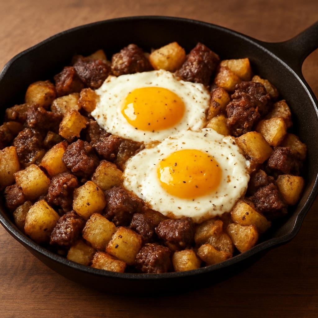 Entree: United States – Rocky Mountain West – Mountain Man Breakfast (Hearty skillet of potatoes, mountain meat, and eggs cooked together for a sustaining frontier breakfast) recipe