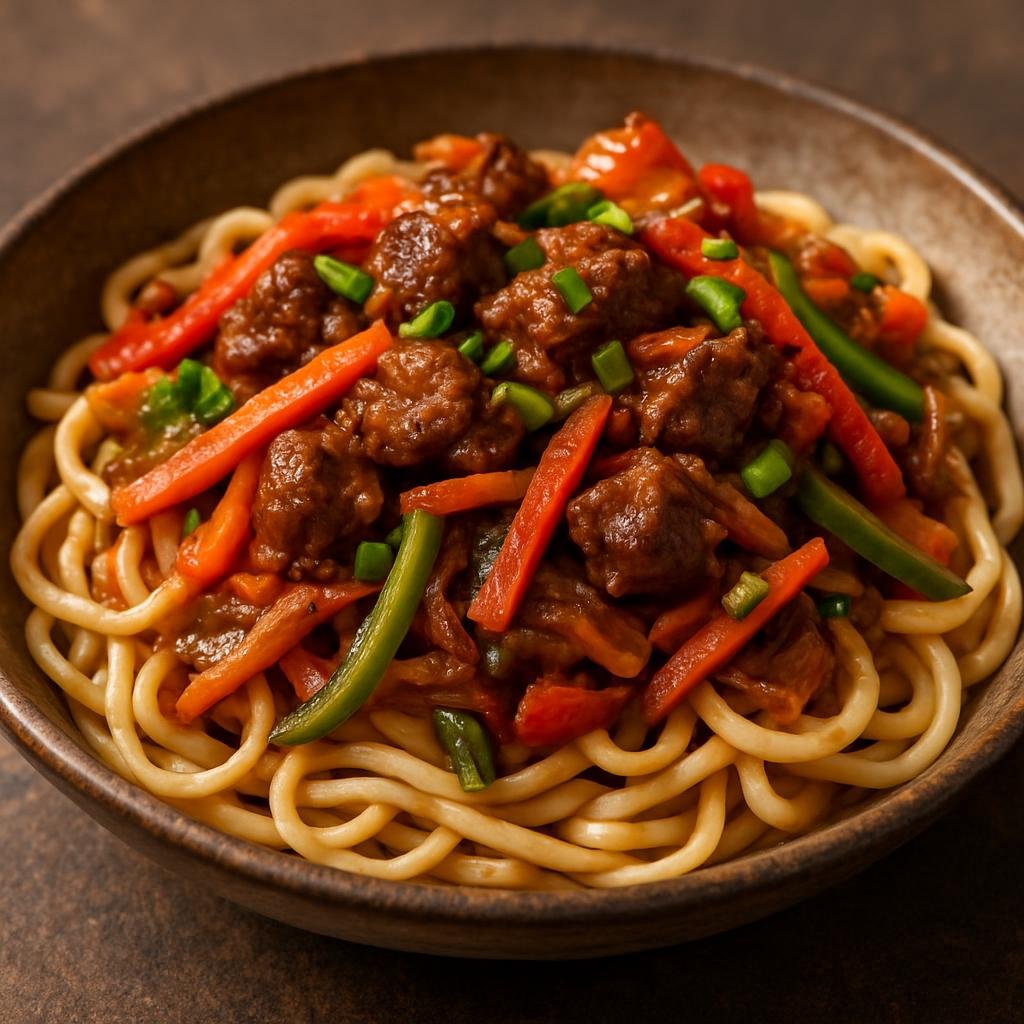 Entree: China – Xinjiang Uyghur – 拉格曼 ➤ Lāgémàn (Uyghur hand-pulled wheat noodles tossed with spiced lamb and stir-fried vegetables) recipe