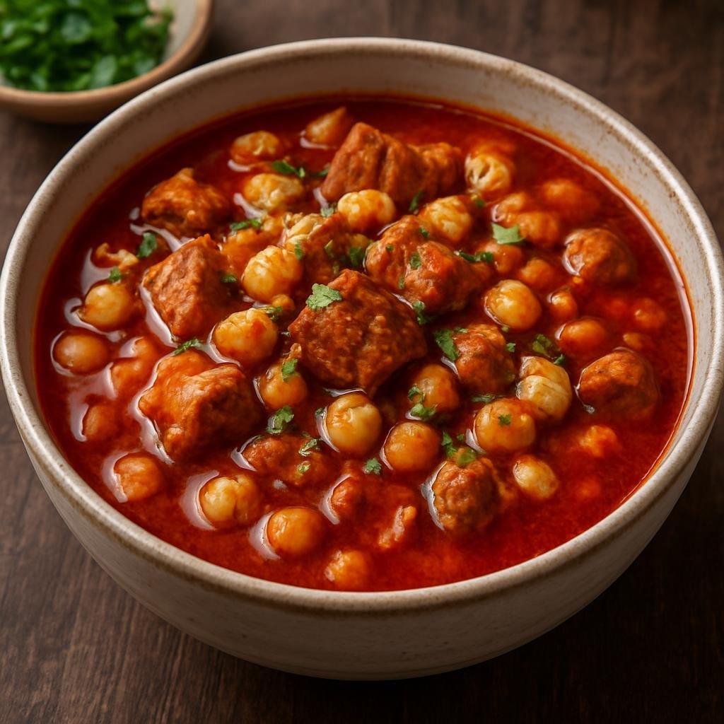 Entree: United States – Southwest – Posole Rojo (Hominy and pork stew in a rich red chile broth) recipe