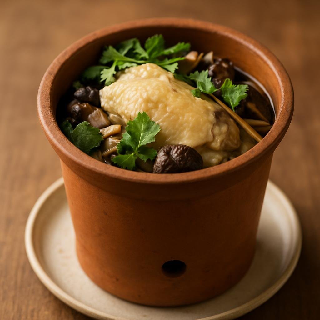 Entree: China – Yunnan – 汽锅鸡 ➤ Qìguō jī (Yunnan steamed chicken cooked in a tall porous clay pot with aromatic herbs and mushrooms) recipe